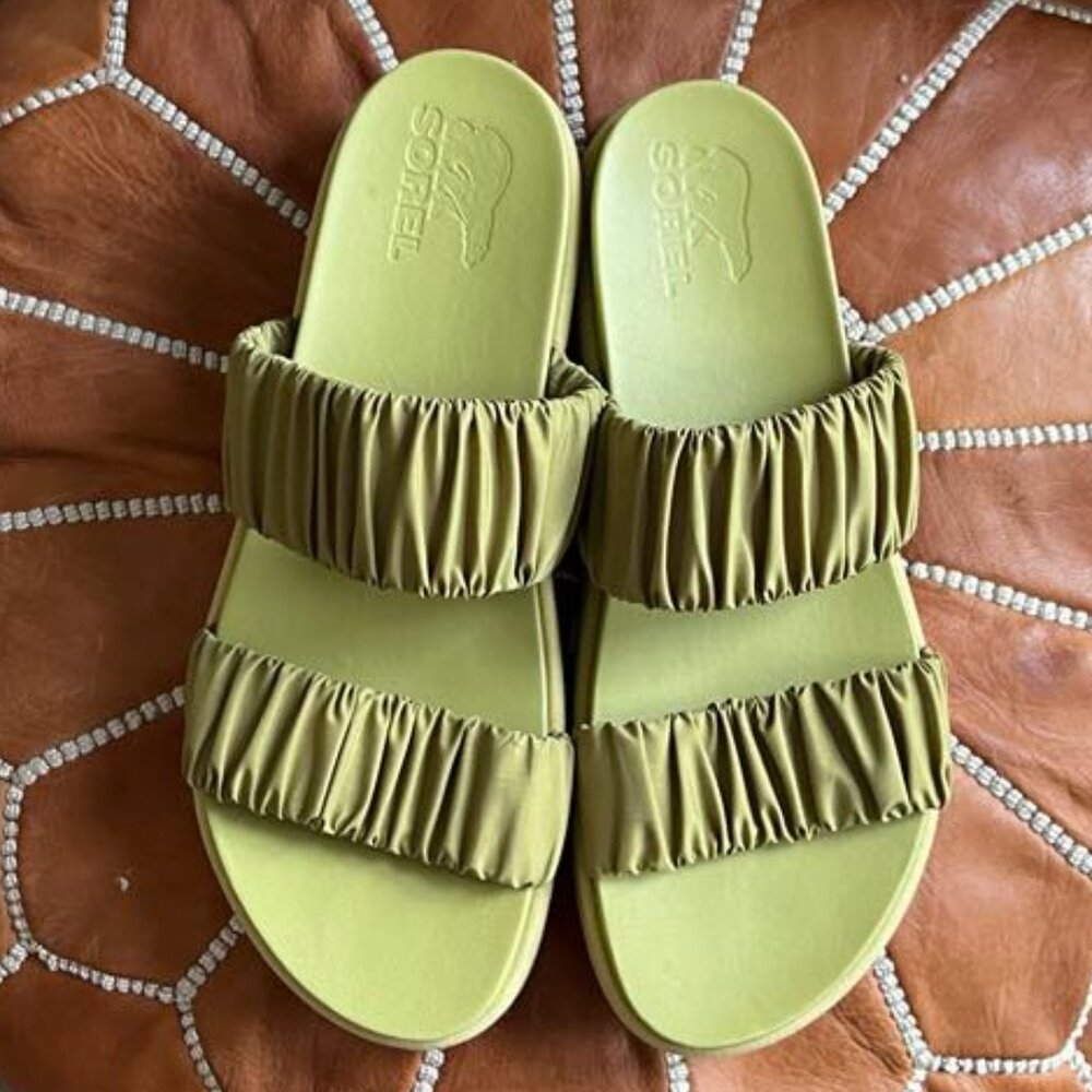 Sorel Olive Green Ruched Double-Strap Slide Sandals